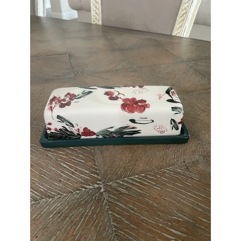 Anthropologie Holly and Pear Butter‎ Dish Green Red Multi Glazed Stoneware